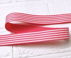 画像1: 片面プリント濃いピンク色ストライプリボン 25mm幅 (1)